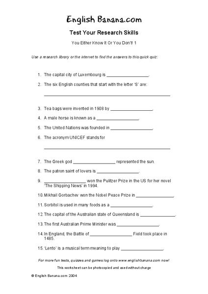 Research Skills Worksheet