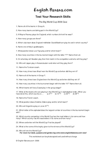 Research Skills Worksheet