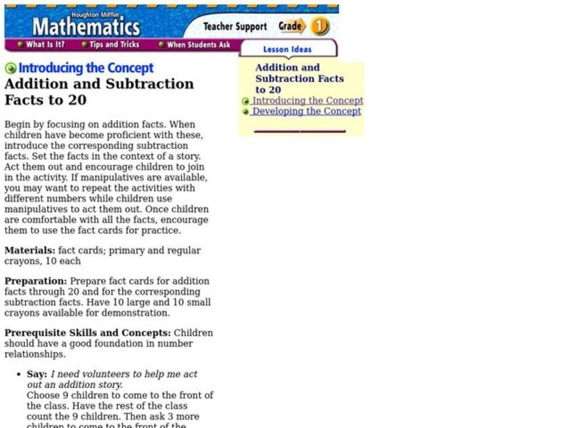 Addition and Subtraction Facts to 20 Lesson Plan