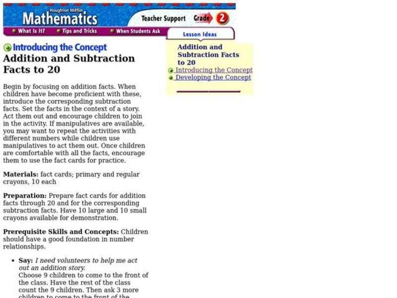 Addition and Subtraction Facts to 20 Lesson Plan