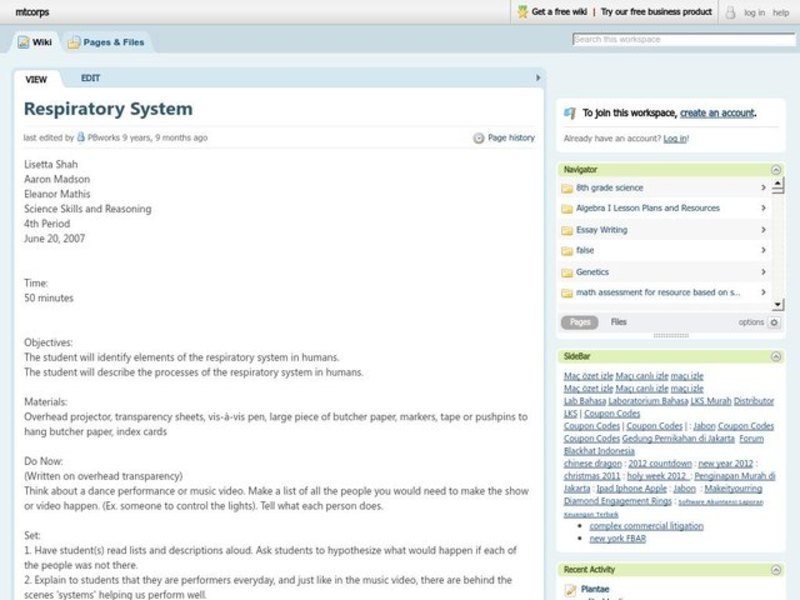 Respiratory System Lesson Plan