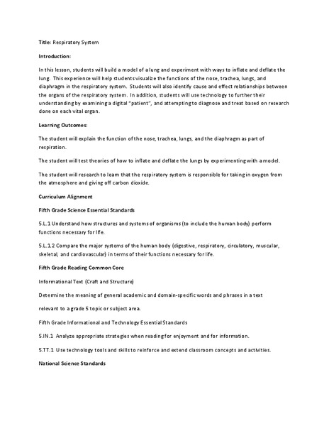 Respiratory System Lesson Plan