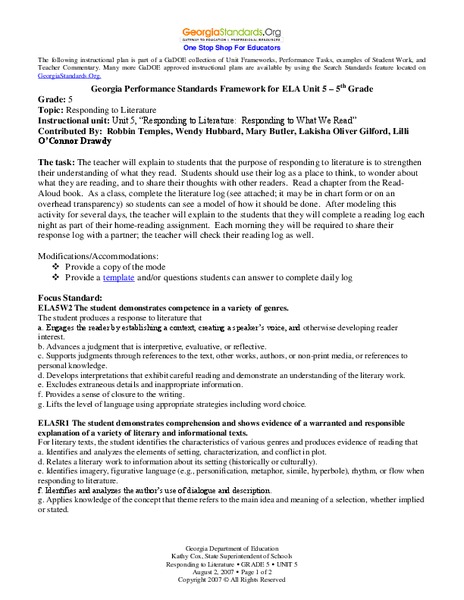 Responding to Literature Lesson Plan