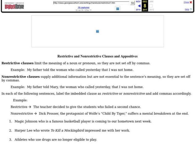 Restrictive and Nonrestrictive Clauses and Appositives Worksheet