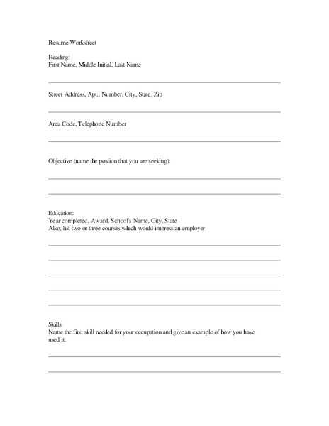 Resume Worksheet Lesson Plan
