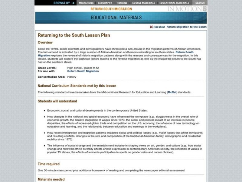 Returning to the South Lesson Plan