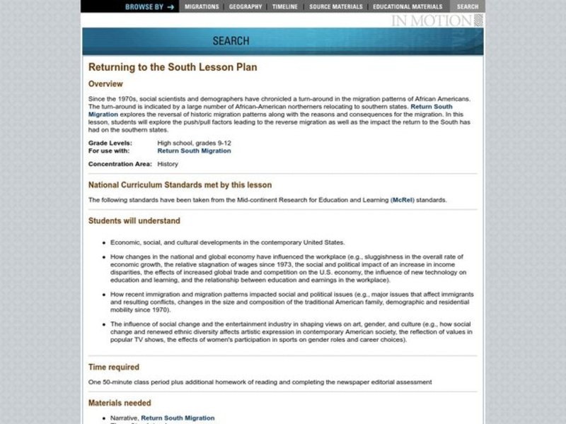 Returning to the South Lesson Plan