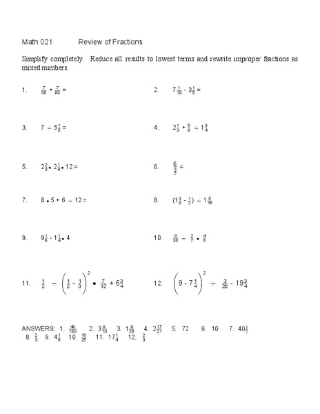 Review of Fractions Worksheet