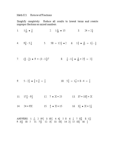 Review of Fractions Worksheet