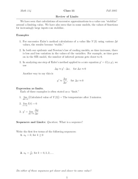 Review of Limits Worksheet