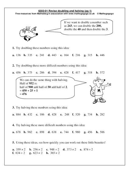 Revise Doubling and Halving Worksheet