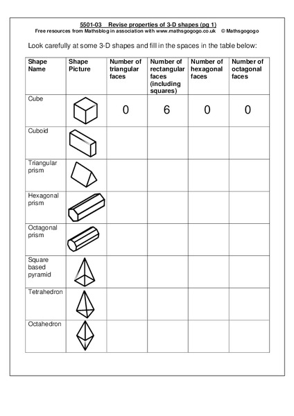 Revise Properties of 3-D Shapes Worksheet