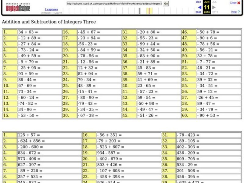 Addition and Subtraction of Integers Worksheet