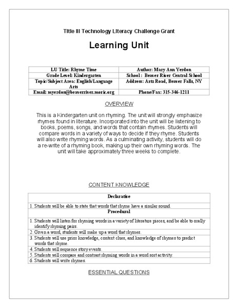 Rhyme Time Lesson Plan