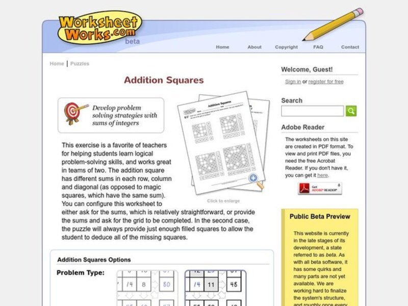 Addition Squares Worksheet