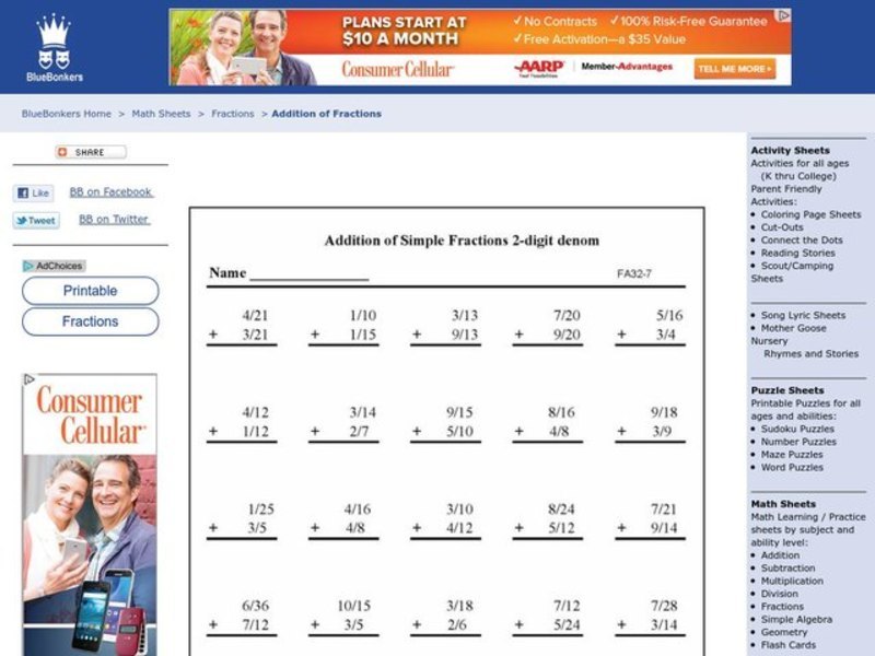 Addition of Simple Fractions Worksheet