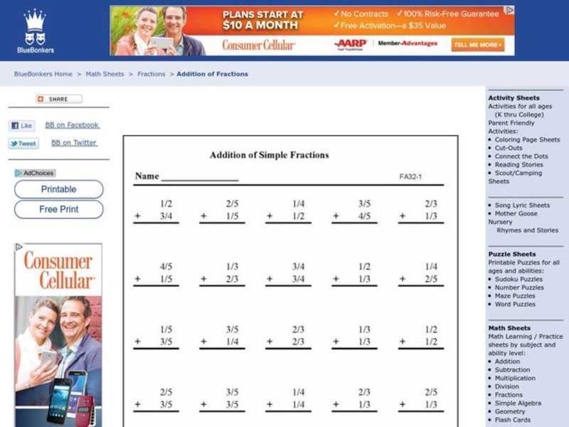 Addition of Simple Fractions Worksheet