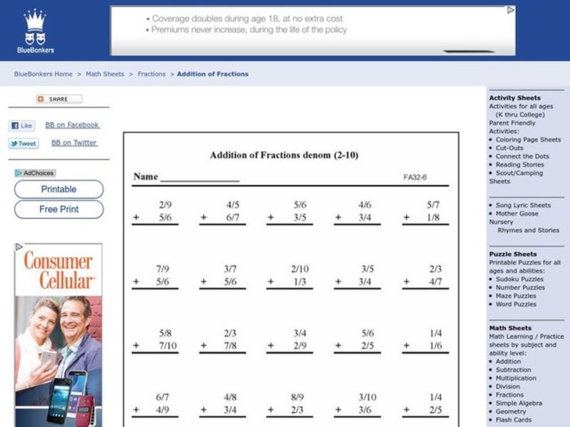 Addition of Simple Fractions Worksheet