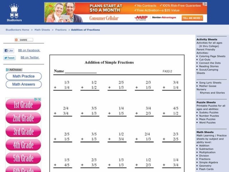 Addition of Simple Fractions Worksheet