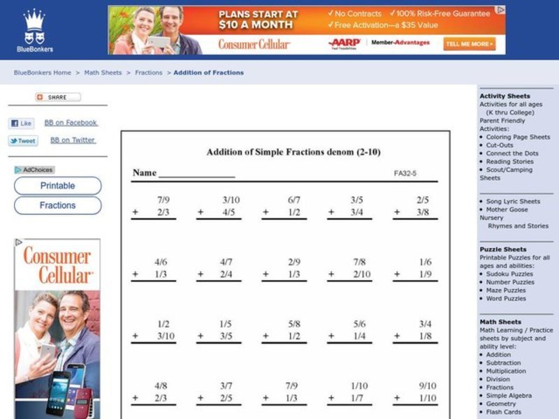Addition of Simple Fractions Worksheet