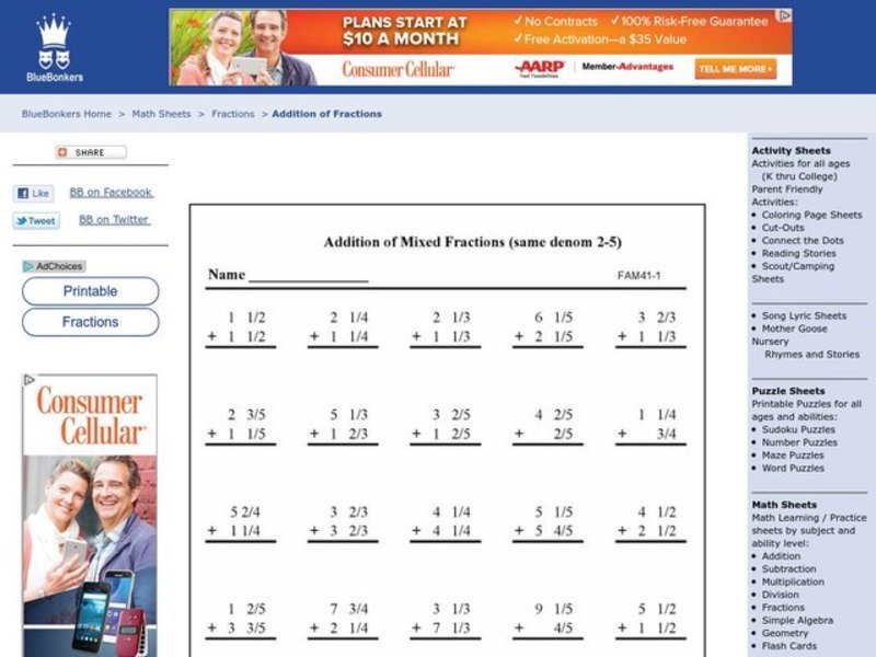 Addition of Mixed Fractions Worksheet