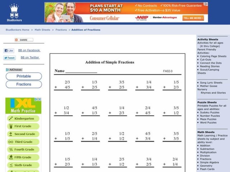 Addition of Simple Fractions Worksheet