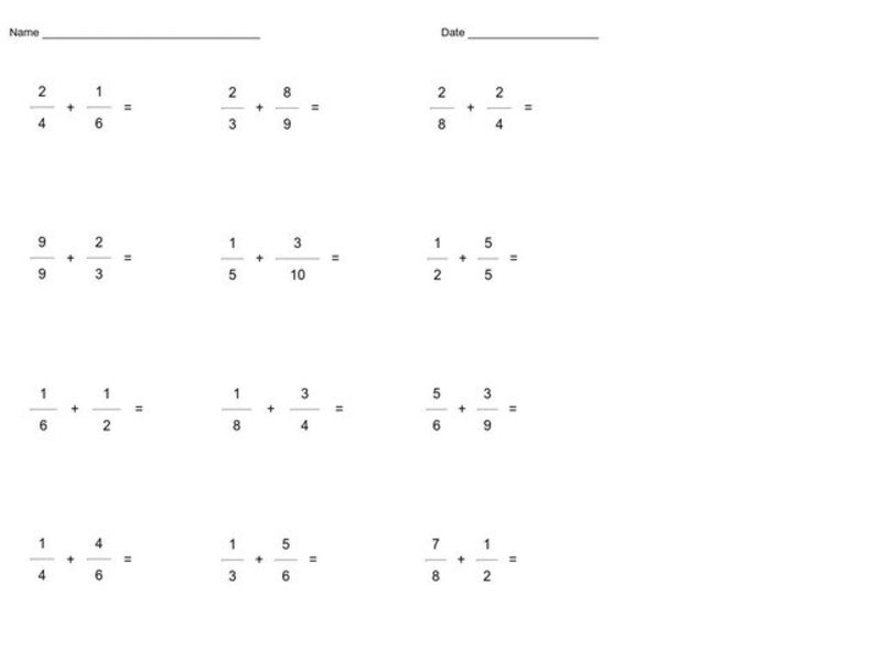 Addition of Fractions with Unlike Denominators Worksheet