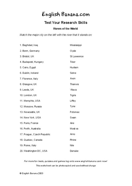 Rivers of the World Worksheet
