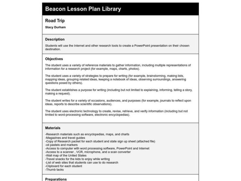 Road Trip Lesson Plan