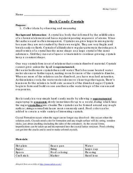 Rock Candy Crystals Lesson Plan
