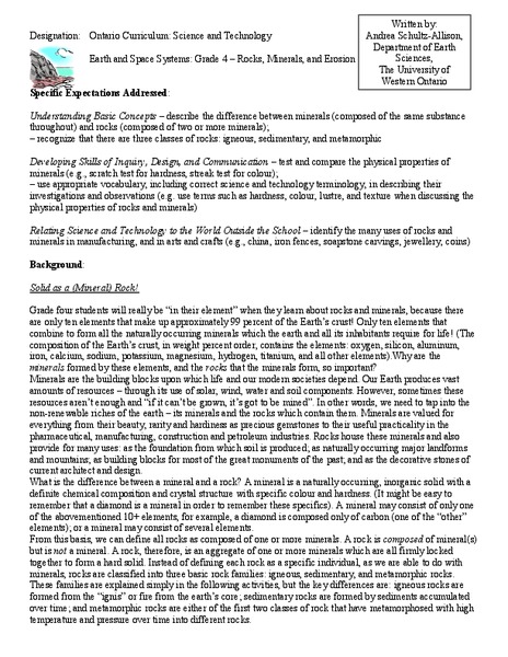 Rocks, Minerals, and Erosion Lesson Plan