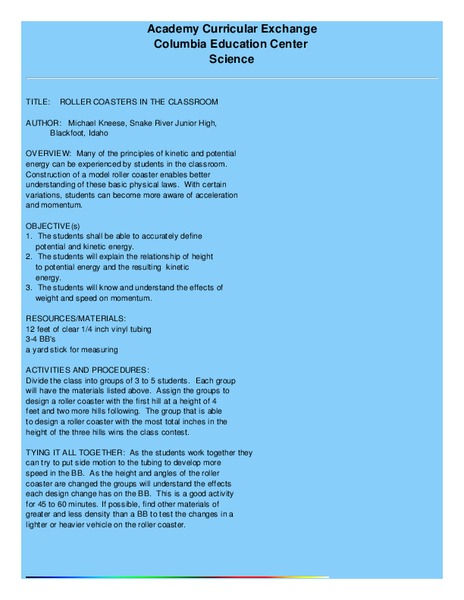 Roller Coasters in the Classroom Lesson Plan