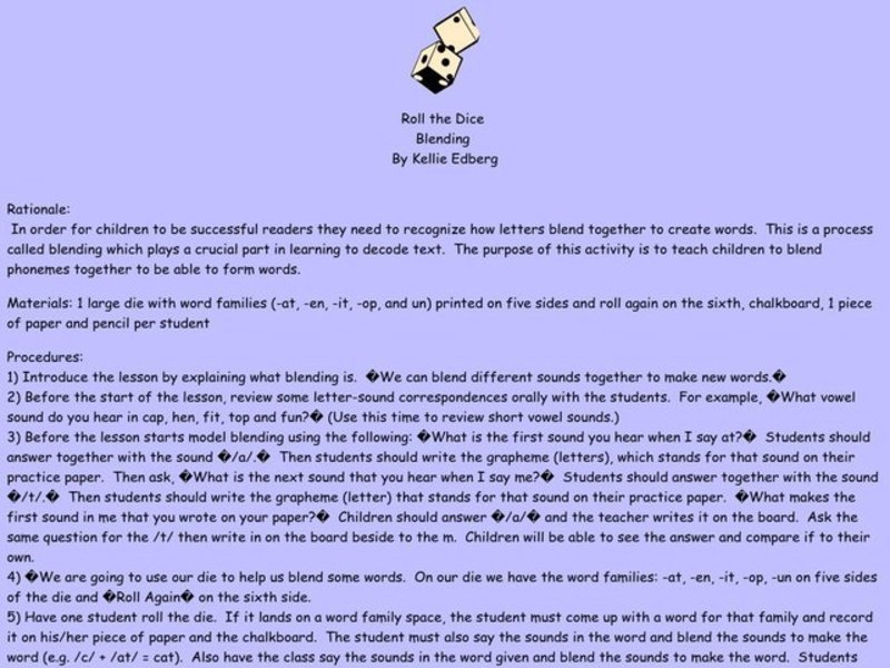 Roll the Dice Lesson Plan