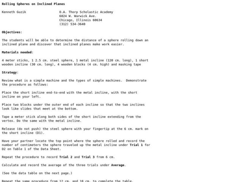 Rolling Spheres on Inclined Planes Lesson Plan