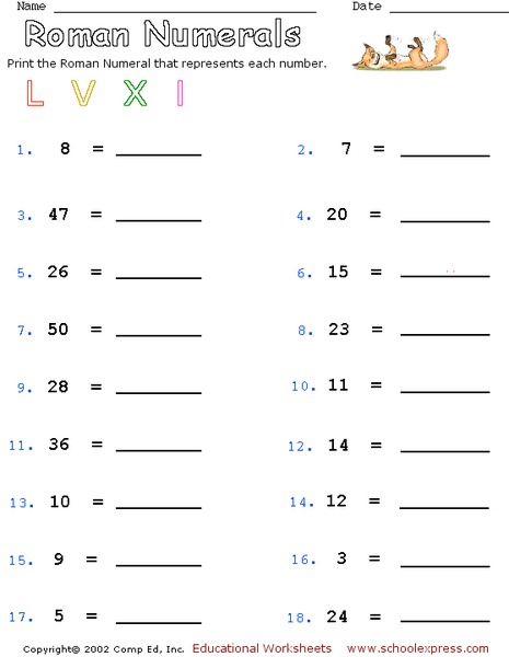 Roman Numerals Worksheet