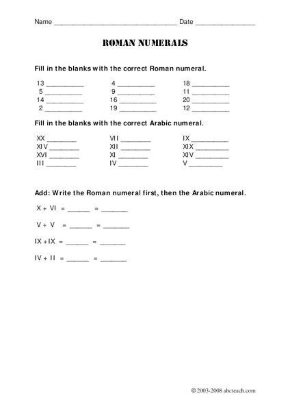 Roman Numerals Worksheet