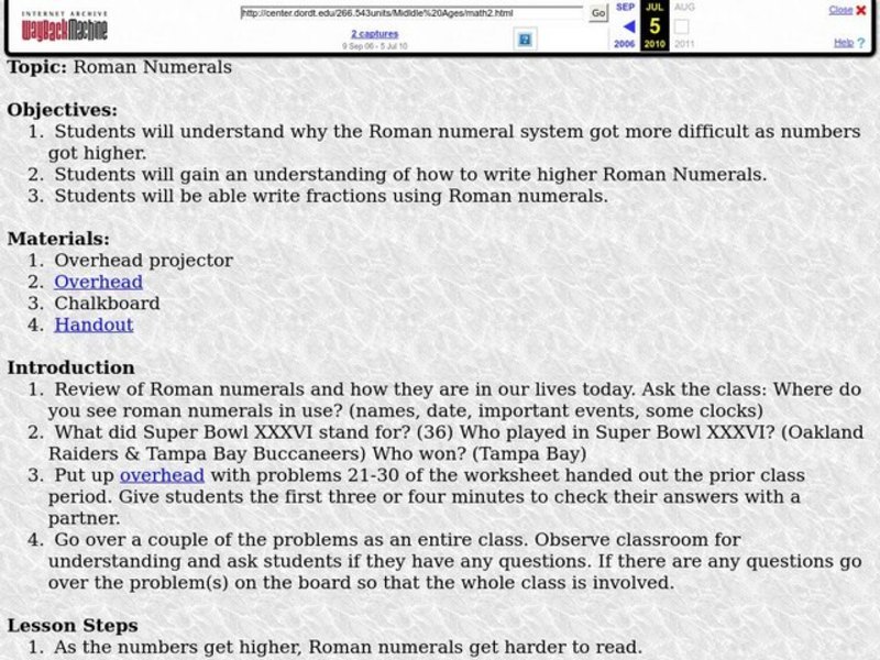 Roman Numerals Lesson Plan