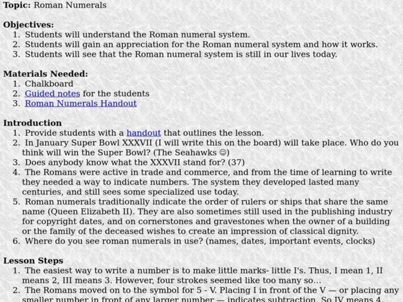 Roman Numerals Lesson Plan