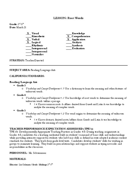 Root Words Lesson Plan
