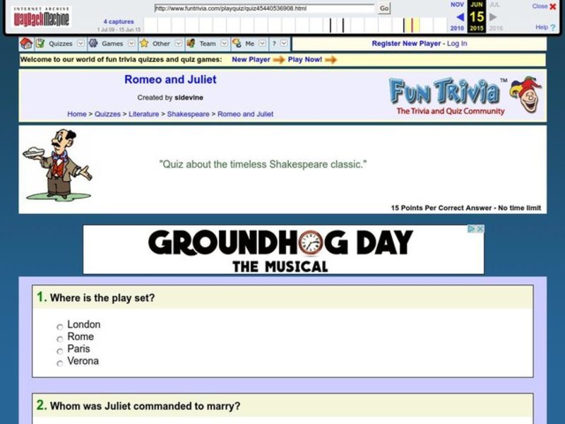 Romeo and Juliet: Fun Trivia Quiz Worksheet