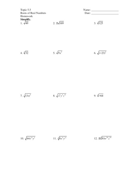 Roots of Real Numbers Worksheet