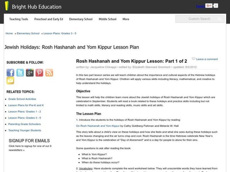 Rosh Hashanah and Yom Kippur Lesson Plan