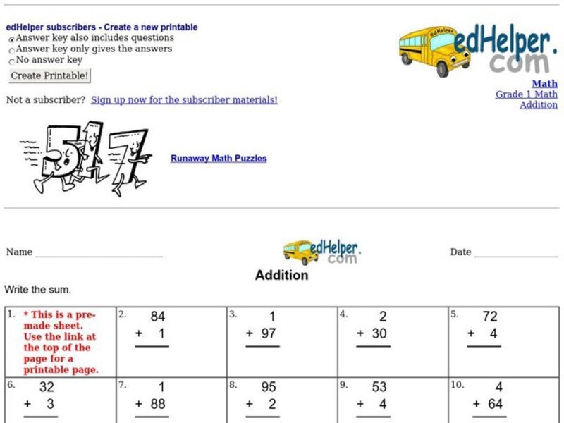 Addition Review Worksheet