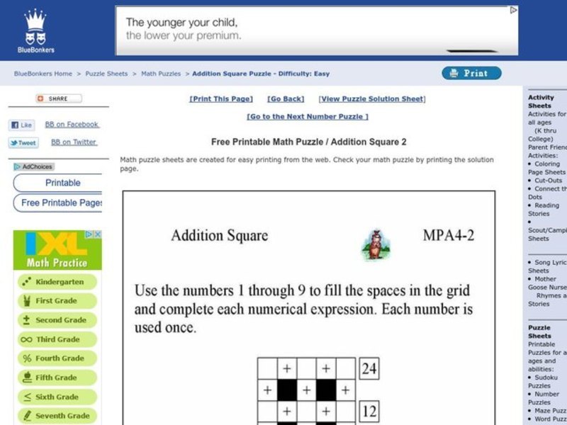 Addition Square Worksheet