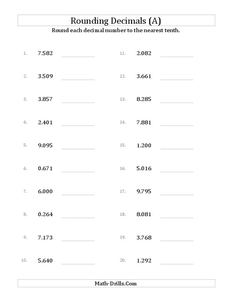 Rounding Decimals to Tenths (A) Worksheet