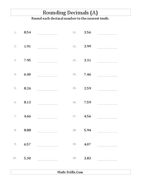Rounding Decimals to Tenths (A) Worksheet
