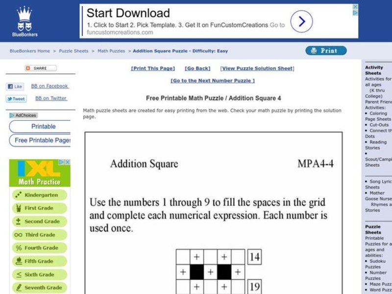 Addition Square Worksheet