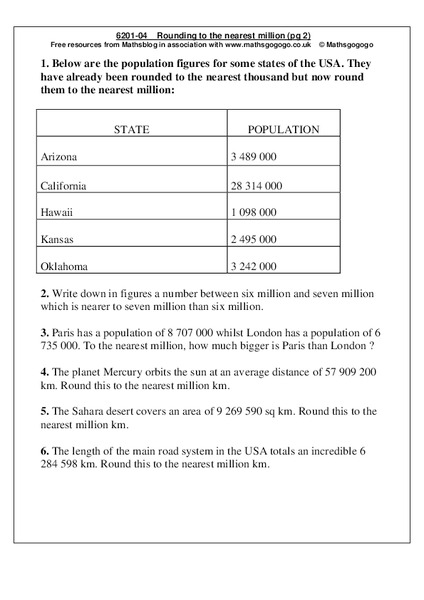 Rounding to the Nearest Million Worksheet