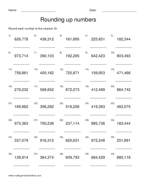 Rounding Up Numbers Worksheet