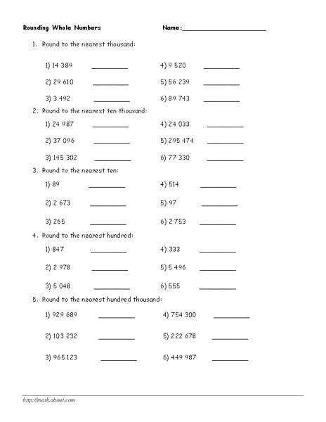 Rounding Whole Numbers Worksheet
